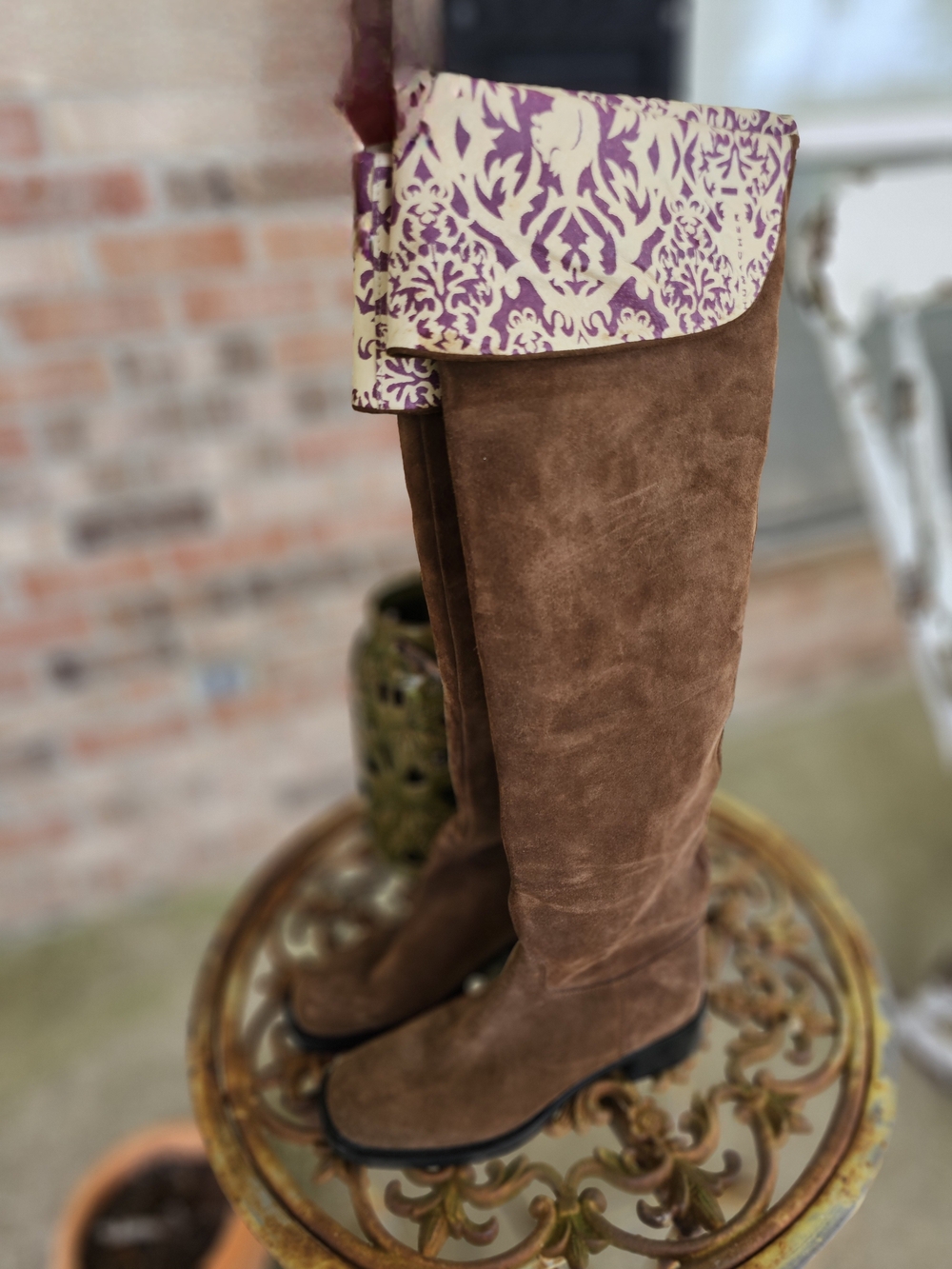 Dorothee Schumacher Italian Chestnut Brown Suede Tall Boots Patterned Cuff EU 38